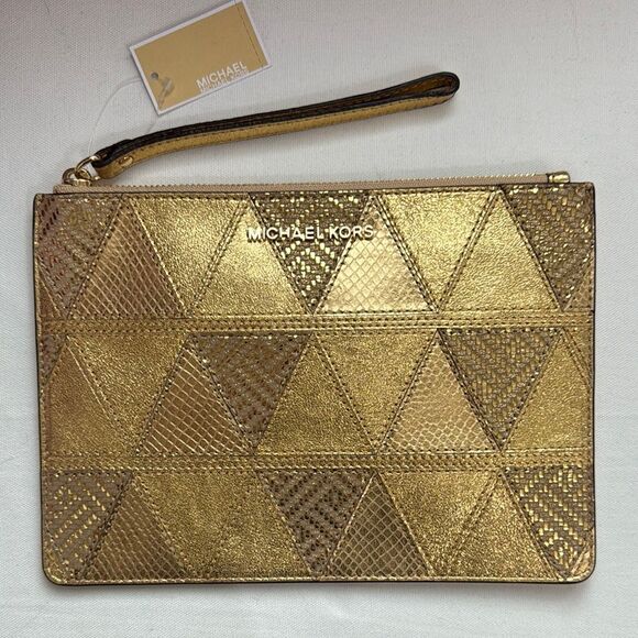Michael Kors Adele XL Metallic Gold Leather Geometric Clutch - Picture 1 of 5